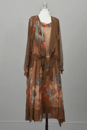 1920s Mocha Chiffon and Lace Vintage Flapper Dress with Vibrant Floral Print