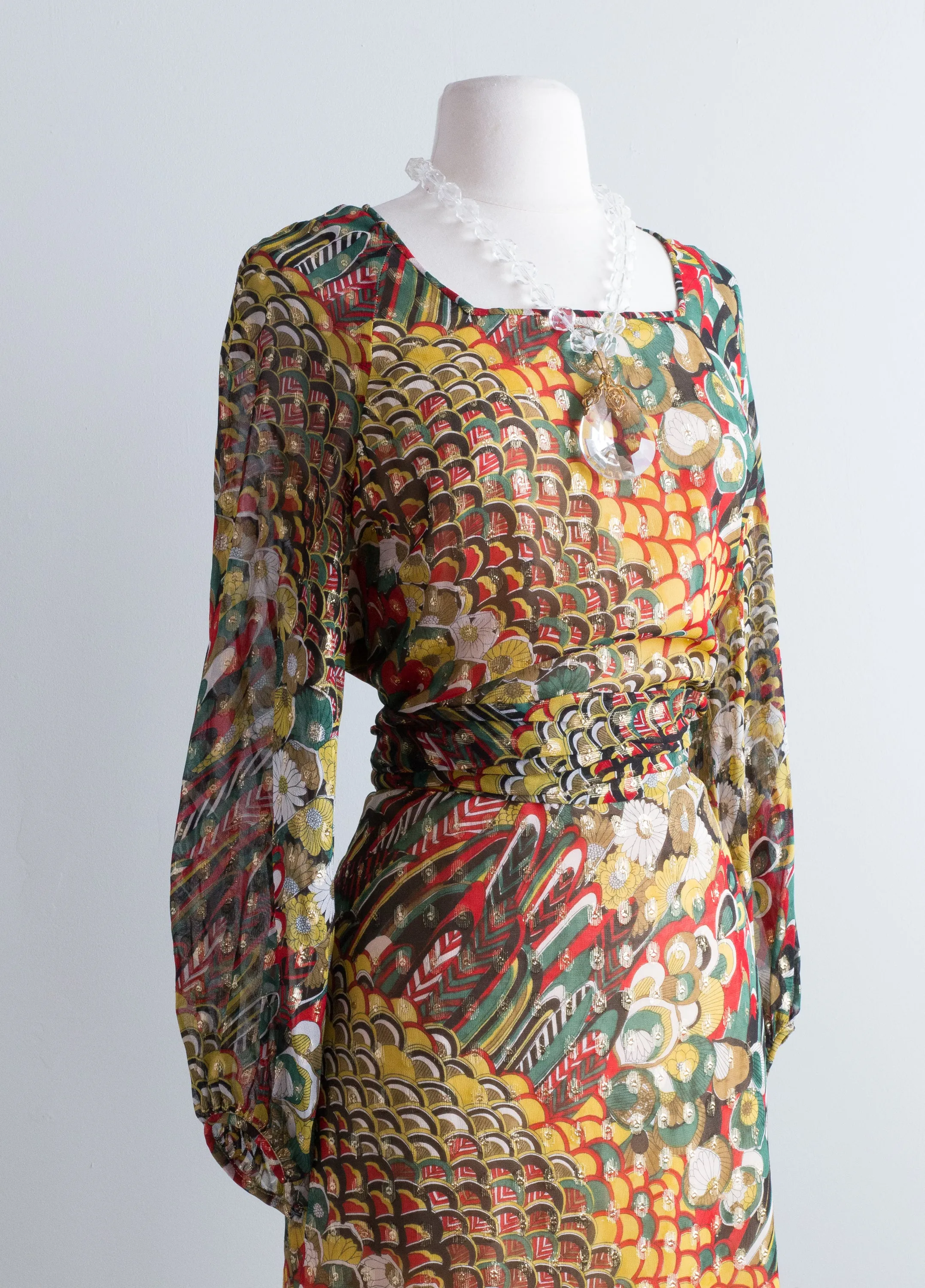 Chic 1970's Metallic Chiffon Cocktail Dress With Bishop Sleeves By Anthony Muto / Lrg.