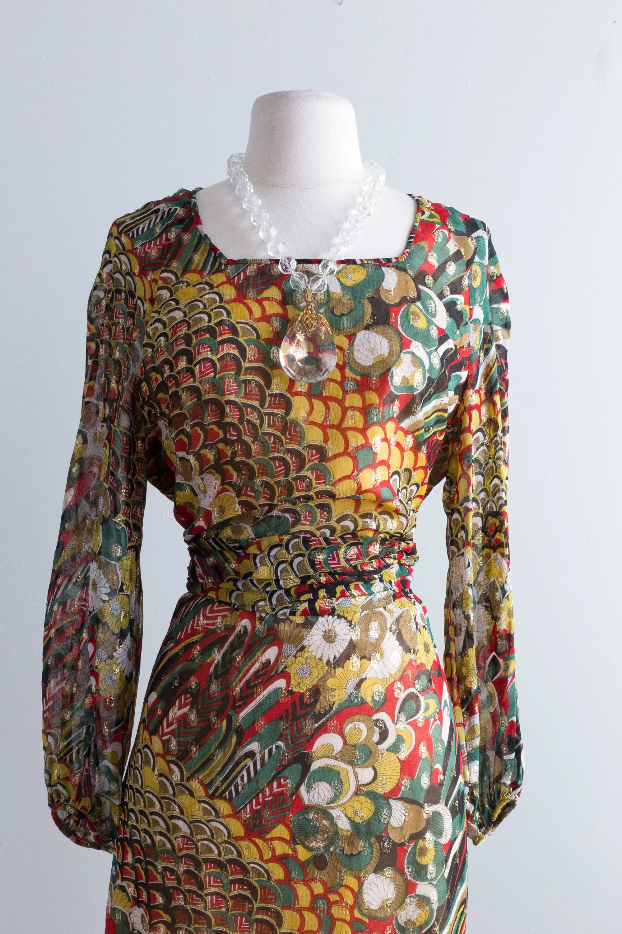 Chic 1970's Metallic Chiffon Cocktail Dress With Bishop Sleeves By Anthony Muto / Lrg.