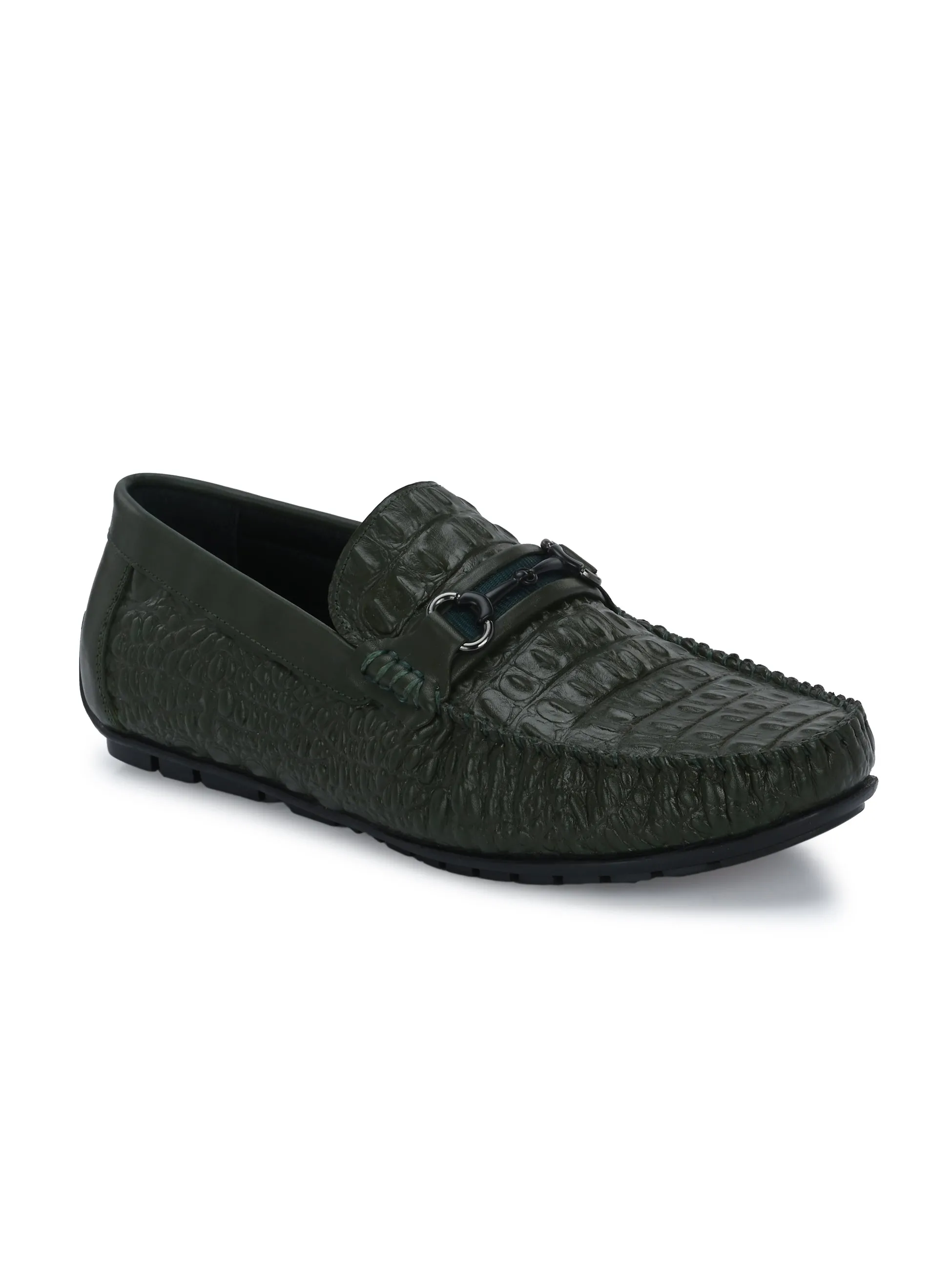 Hitz Men's Green Leather Casual Slip on Loafers