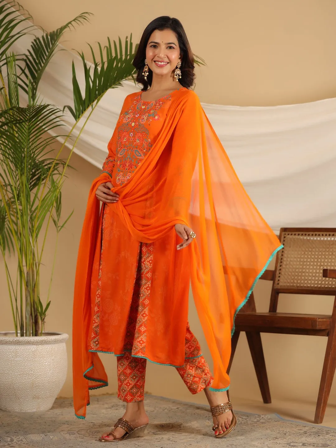 Juniper The Ornamental Bloom Orange Floral Print Kalidar Rayon Slub Kurta Pant & Dupatta Set With 3D Beads