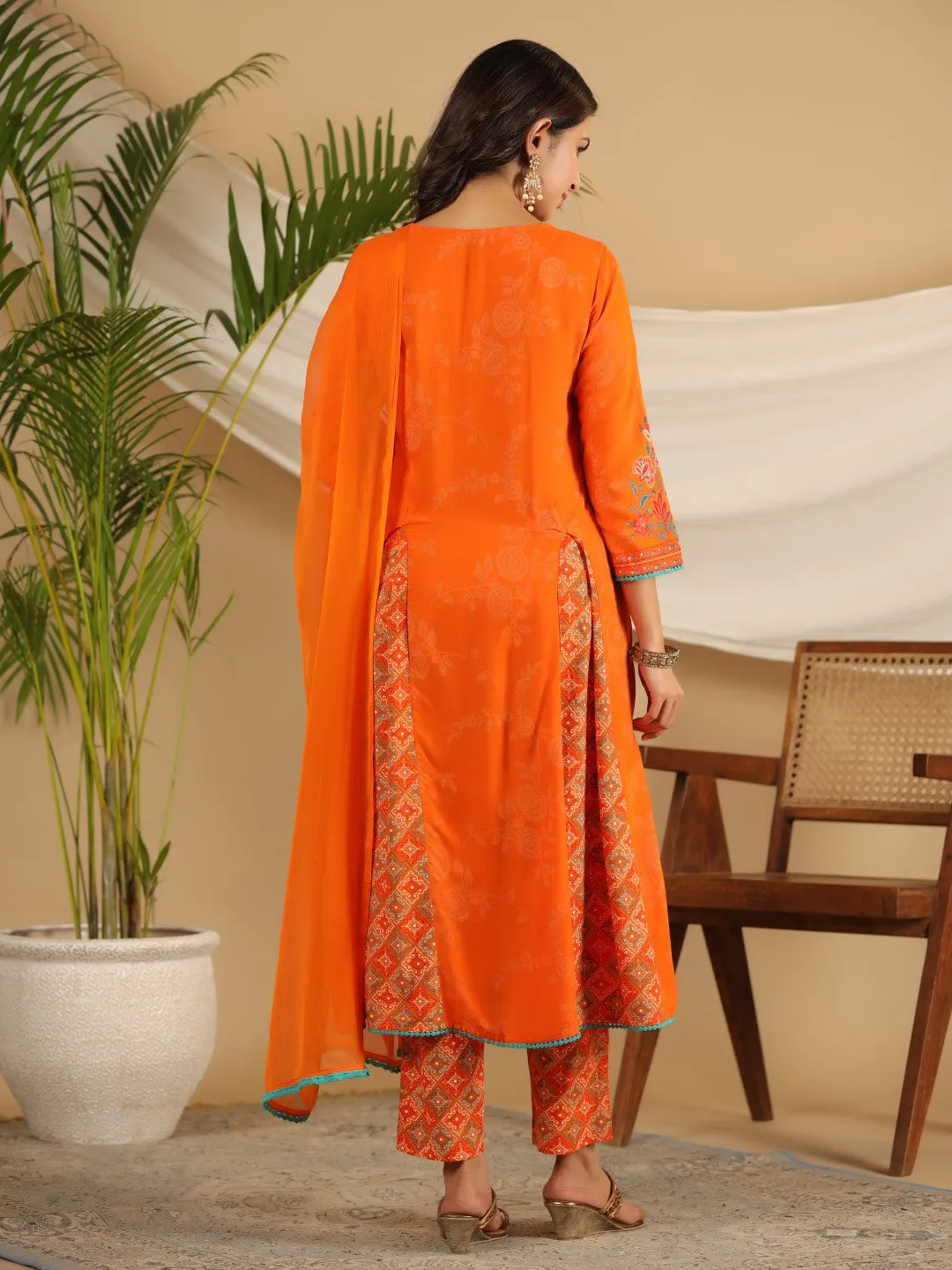 Juniper The Ornamental Bloom Orange Floral Print Kalidar Rayon Slub Kurta Pant & Dupatta Set With 3D Beads