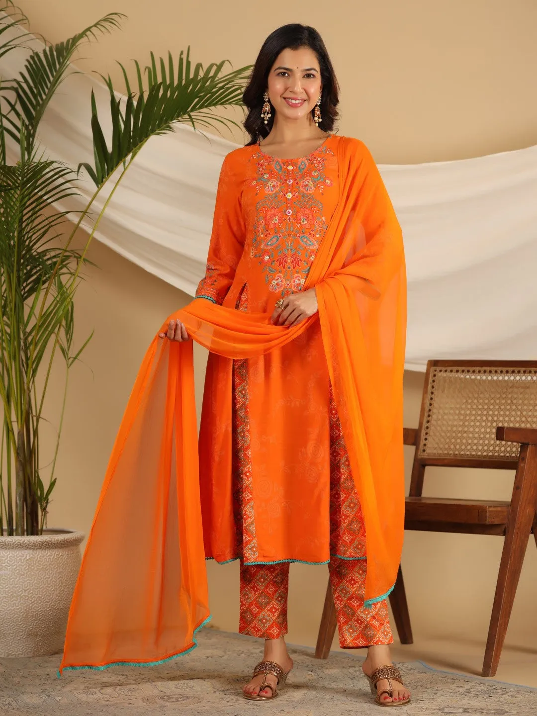 Juniper The Ornamental Bloom Orange Floral Print Kalidar Rayon Slub Kurta Pant & Dupatta Set With 3D Beads