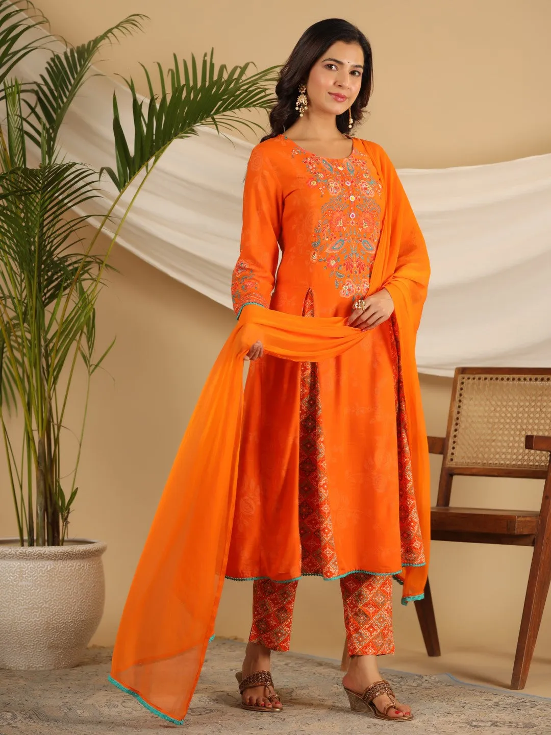 Juniper The Ornamental Bloom Orange Floral Print Kalidar Rayon Slub Kurta Pant & Dupatta Set With 3D Beads