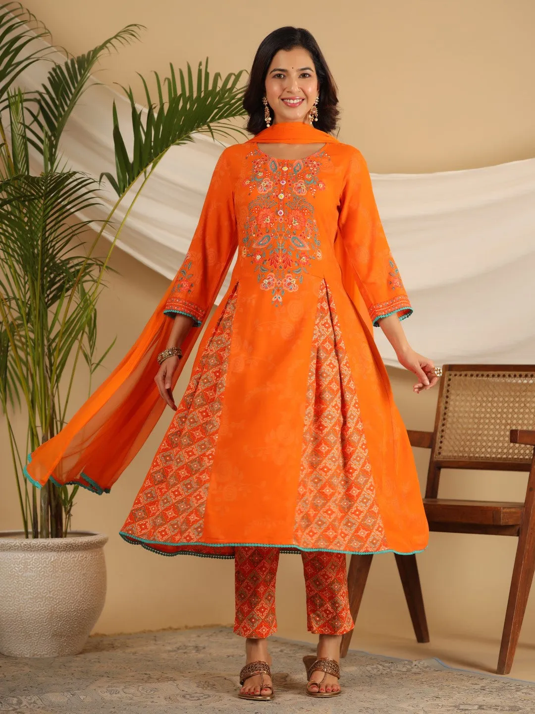 Juniper The Ornamental Bloom Orange Floral Print Kalidar Rayon Slub Kurta Pant & Dupatta Set With 3D Beads