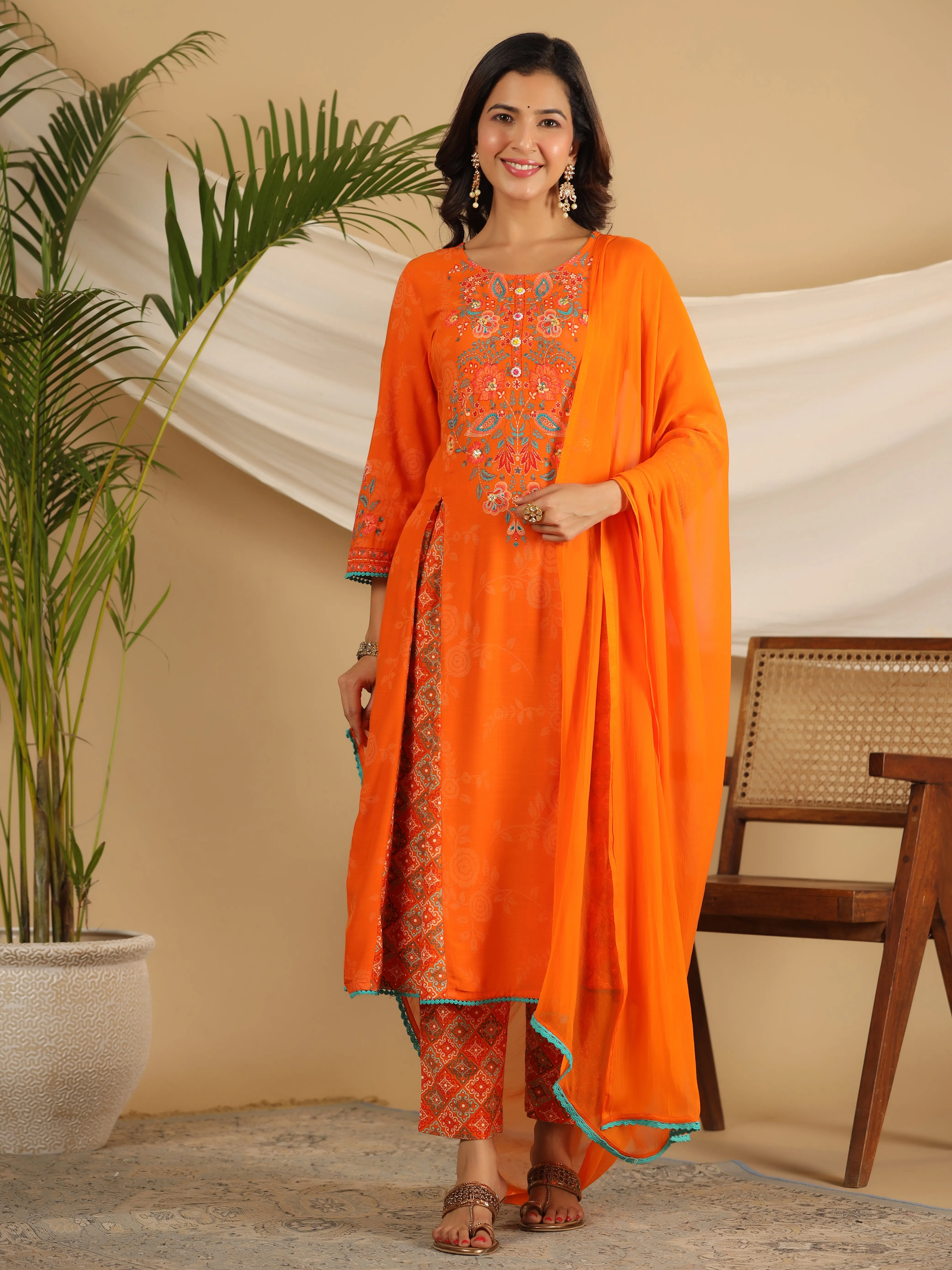 Juniper The Ornamental Bloom Orange Floral Print Kalidar Rayon Slub Kurta Pant & Dupatta Set With 3D Beads