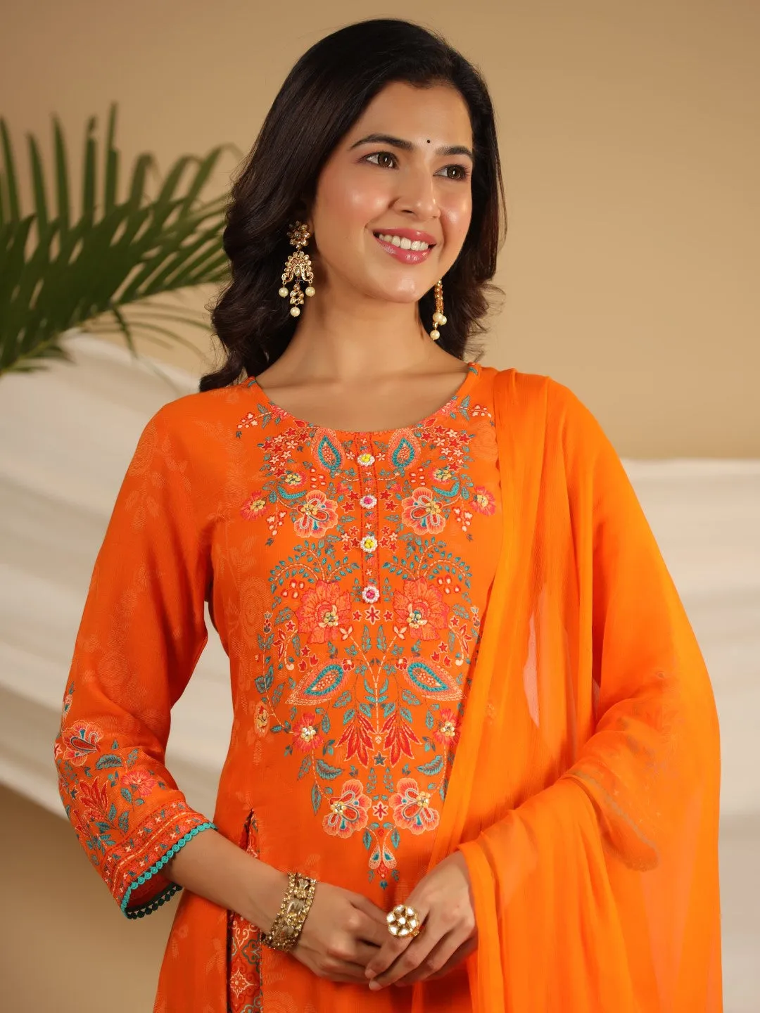 Juniper The Ornamental Bloom Orange Floral Print Kalidar Rayon Slub Kurta Pant & Dupatta Set With 3D Beads