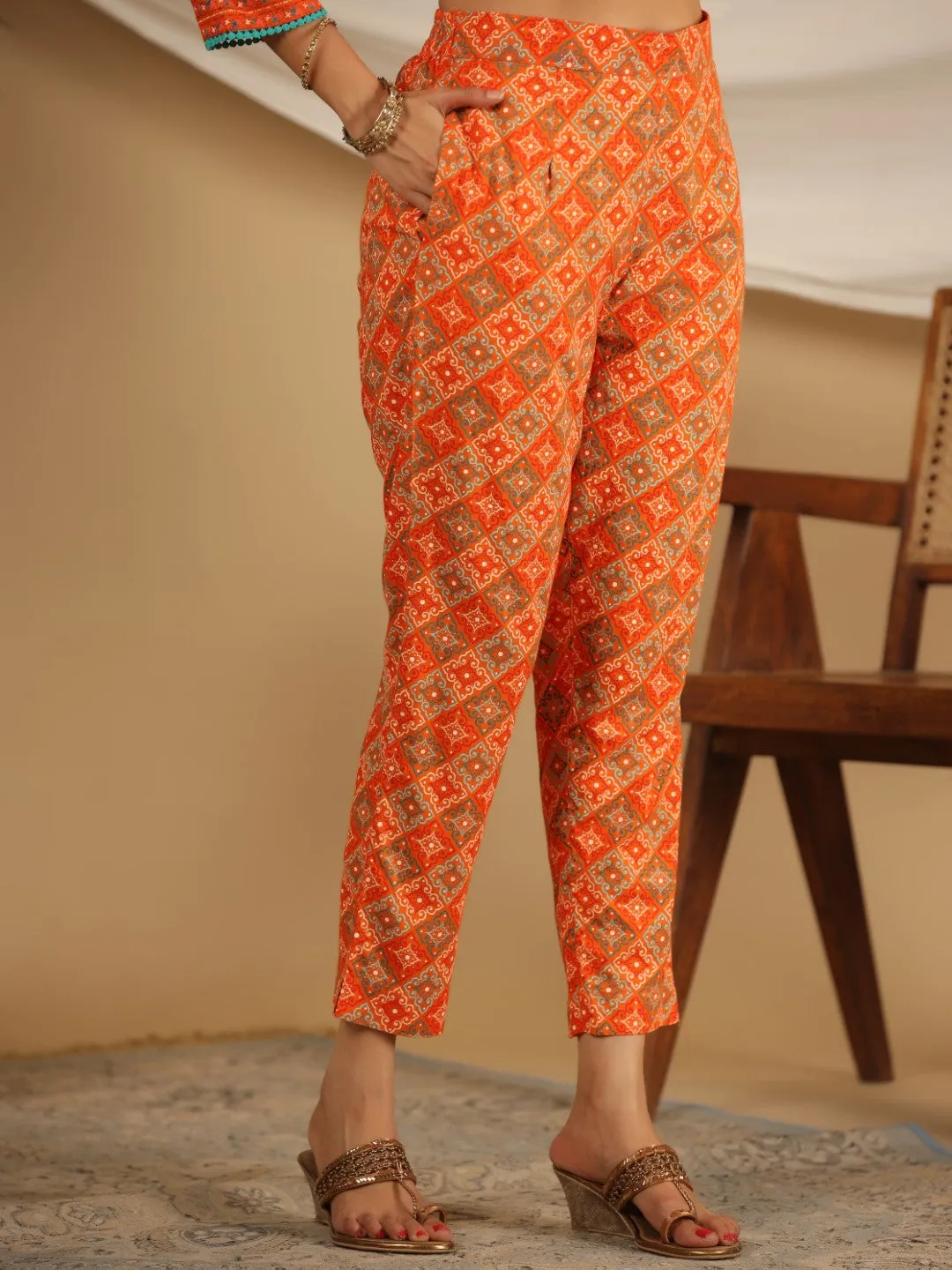 Juniper The Ornamental Bloom Orange Floral Print Kalidar Rayon Slub Kurta Pant & Dupatta Set With 3D Beads