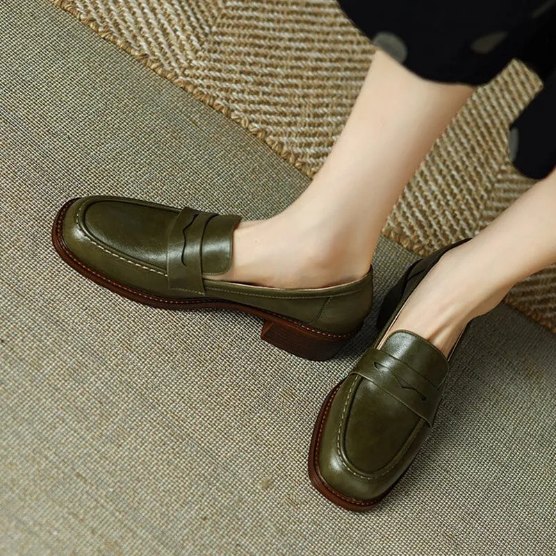 Womens Handmade Cowleather Penny Loafers Retro Block Heel in Green/Black/Beige/Brown